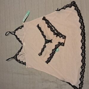 Honeydew For Bloomingdale Sheer Lace Trim Sleepwear Set - Black and Pink Size S